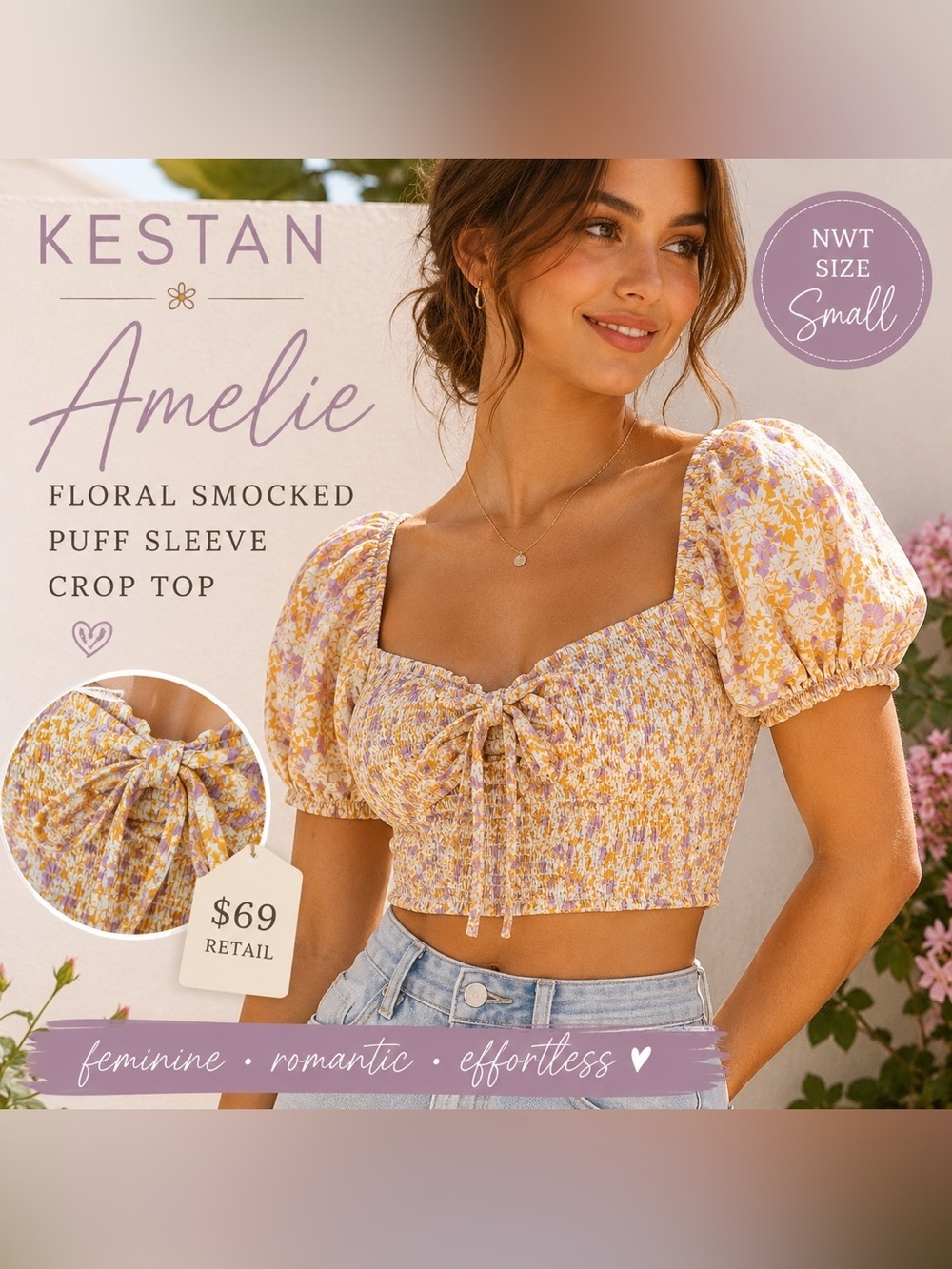 KESTAN Amelie Floral Smocked Puff Sleeve Crop Top NWT Small